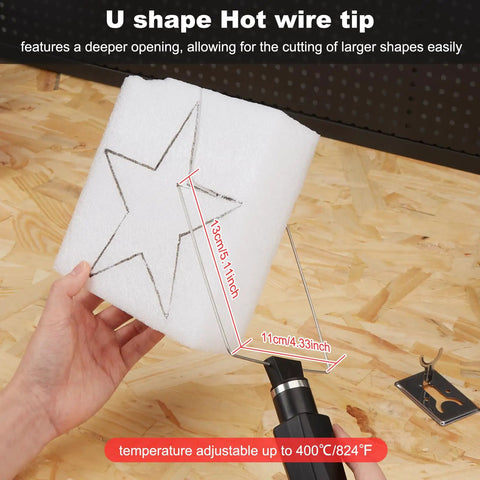 2 In 1 Electric Foam Cutter Pen Kit With Heated Wire And U Shape Tip Styrofoam Carving Knife in use on foam star shape
