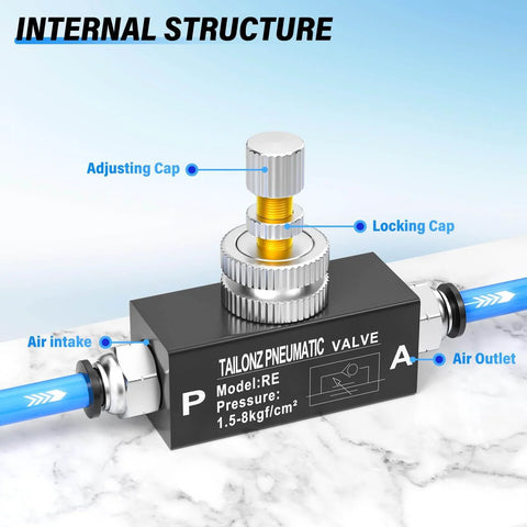 Aluminum 1/4 Inch NPT Air Flow Control Valve With Push To Connect Fitting showing internal structure, pressure rating.