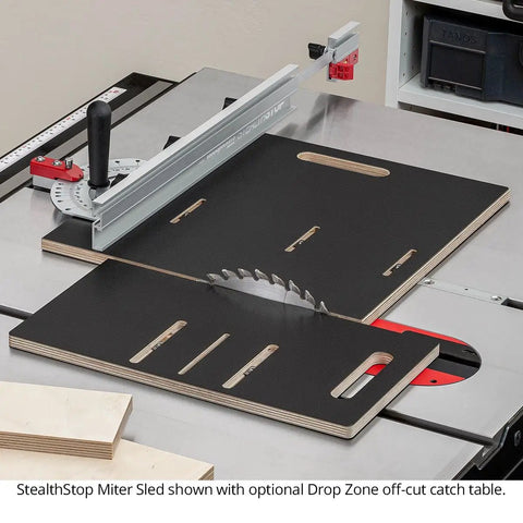 StealthStop Miter Sled with Drop Zone shown on table saw, featuring adjustable fence and durable aluminum build for accurate cuts.