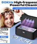 Hella Fresh Ultrasonic Jewelry Cleaner With Smooth 50 Khz Uv Tech 24 Oz Stainless Tank Digital Timer Gives Tight Results For Rings Glasses Watches Dentures Daily with glasses before and after cleaning.