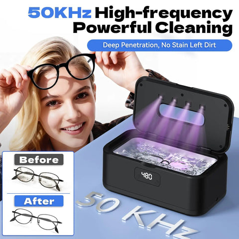 Hella Fresh Ultrasonic Jewelry Cleaner With Smooth 50 Khz Uv Tech 24 Oz Stainless Tank Digital Timer Gives Tight Results For Rings Glasses Watches Dentures Daily with glasses before and after cleaning.