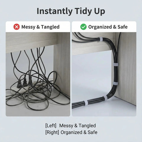Before and after comparison of cable management using Adjustable Reusable 5M Hook and Loop Cable Ties for Quick Cord Management.