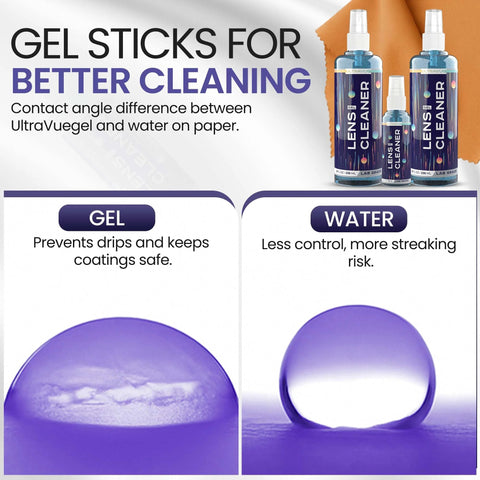 Front view of ULTRAVUE eyeglass gel lens cleaner kit with 2x8oz bottles, 1x2oz bottle, and microfiber cloths