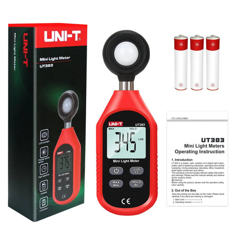 Pro Grade Light Meter For Photographers And DIYers, Digital Illuminance Meter With A Backlit LCD, Fast 0.5 Second Sampling, Reads Lux Or FC From Zero To 199,900 Lux And Up To 18,500 FC, Compact And Easy To Use. UNI-T UT383 mini light meter kit with batteries, manual, and box