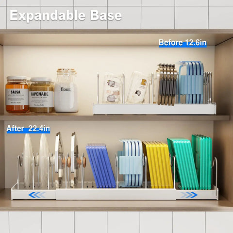 Expandable Two Pack Under Cabinet Pots And Pans Organizer With 9 Adjustable Dividers And Dual Purpose Lid Rack expanded view