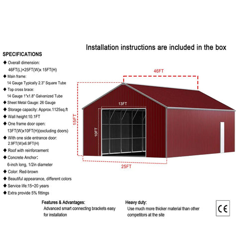 Installation specifications for Heavy Duty Steel Garage 46 By 25 Feet With 15 Foot Walls And Reinforced Roof Tough As Nails Metal Outbuilding.
