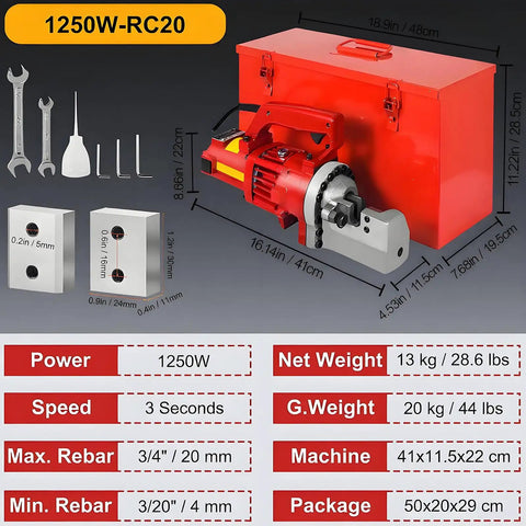 Heavy Duty Electric Hydraulic Rebar Cutter 1250W 110V Sparks Free Fast Cut In About Three Seconds Cuts Up To Three Quarters Inch 6 20 mm Steel Rebar Perfect For Concrete Construction Industrial Grade Reliable Performance with red casing and specifications.