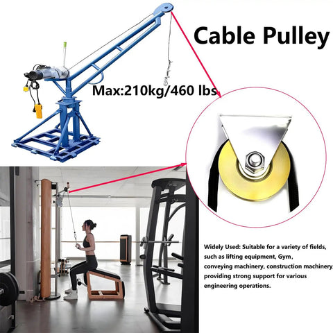 Heavy Duty 1.5 Inch Bearing Wheel Wire Rope Pulley Block With Triangular L Bracket For Lifting 300 Pound Capacity Supported By Quarter Inch Rope Suitable For Indoor Outdoor Doors Windows Shutters Furniture Fittings Cabinets And Drawers, shown on gym pulley setup