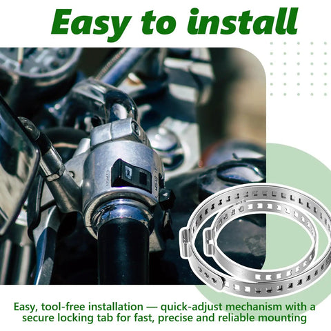 Universal Dope 40 Piece CV Boot Clamp Kit In 304 Stainless Steel With 20 Small And 20 Large Adjustable Crimp Clamps For Axle CV Joint Boots Perfect For Auto Repair And DIY Projects; close-up showing easy installation on metal pipe.