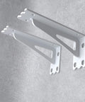 Rock Solid Heavy Duty Floating Shelf Brackets Set Two Pieces Industrial wall mounted L braces in white on gray background.