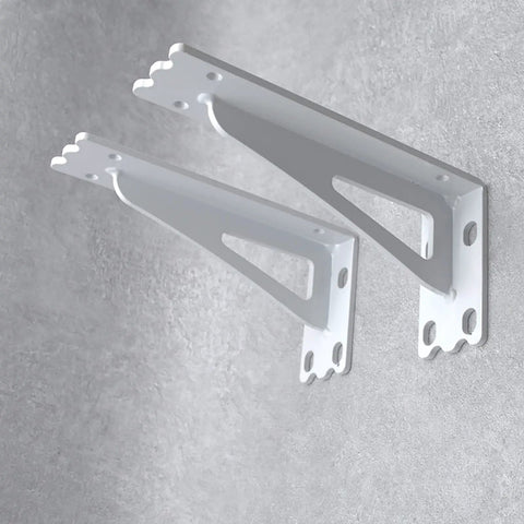 Rock Solid Heavy Duty Floating Shelf Brackets Set Two Pieces Industrial wall mounted L braces in white on gray background.