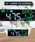 Dope 13 Inch LED Decibel Meter With Time Temperature Humidity Readouts Measures 30 To 130 dB Wall Mount Or Desktop Sound Level Monitor With Buzzer Alarm For Classroom Studio And Home Use, desktop view