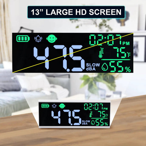 Dope 13 Inch LED Decibel Meter With Time Temperature Humidity Readouts Measures 30 To 130 dB Wall Mount Or Desktop Sound Level Monitor With Buzzer Alarm For Classroom Studio And Home Use, desktop view