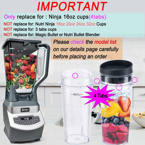 16oz Replacement Blender Cup With Lids For Ninja Blenders Two Pack, 4 Tabs, next to a filled blender and fruit