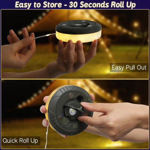 Hand holding Rechargeable Camping String Lights 32.8ft With 8 Lighting Modes showing compact rollable design against tent background.