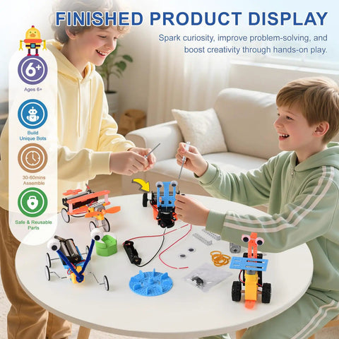 Hands-On Robot Building Kit for Kids Ages 6 to 13, Cool STEM Toys and Science Experiments, DIY projects on table with kids