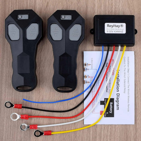 12V Wireless Winch Remote Control Kit 2 Pack With Dual Transmitters Universal Five Wire System For Truck Car ATV SUV Winches Plug And Play Setup 100 Foot Range English Manual Included Works With Most Self Recovery Winches, two remotes and receiver with wires
