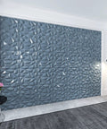 Gray 3D Wall Panels Pack Of 12 19.7 By 19.7 Inches Durable PVC Tiles For Home Office Cafe Waterproof Fire Resistant Lightweight Scratch Resistant DIY Friendly Dope Pyramid Texture For Modern Decor installed on wall in modern room