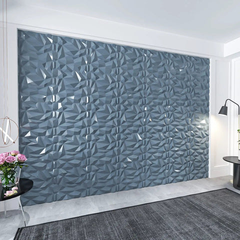 Gray 3D Wall Panels Pack Of 12 19.7 By 19.7 Inches Durable PVC Tiles For Home Office Cafe Waterproof Fire Resistant Lightweight Scratch Resistant DIY Friendly Dope Pyramid Texture For Modern Decor installed on wall in modern room