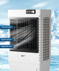 Portable Evaporative Swamp Cooler With Three Fan Speeds And 80 Liter Water Tank To Kick The Heat Fast Without Drilling Holes in white, showcasing cooling features.