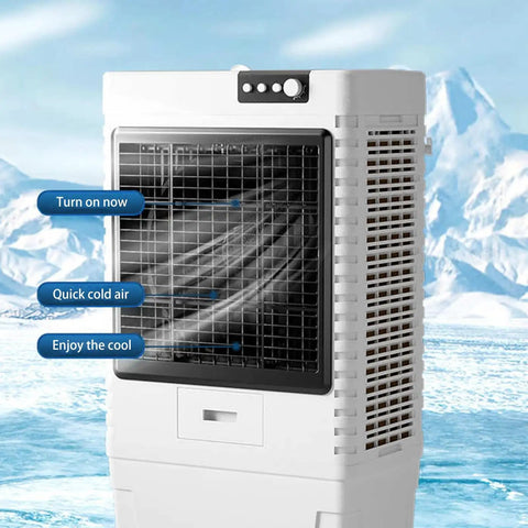 Portable Evaporative Swamp Cooler With Three Fan Speeds And 80 Liter Water Tank To Kick The Heat Fast Without Drilling Holes in white, showcasing cooling features.