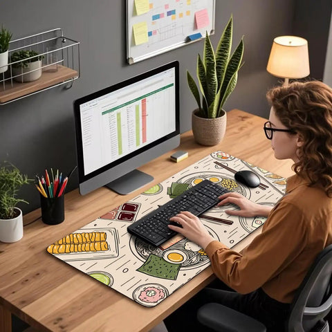 Japanese Ramen Themed XXL Gaming Mouse Pad 31.5 By 15.7 Inches With Illustrated Food Pattern on office desk with computer and lamp