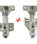 Comparison between two types of cabinet hinges, highlighting differences. 40 Pack Full Overlay Cabinet Door Hinges With Soft Close Damper, 105 Degree Adjustable Concealed Hinges For Face Frame Kitchen Cabinets, No Fuss Install With Screws Included, Durable, Quiet Close For Any Kitchen Renovation.