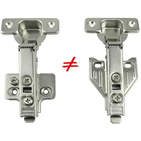 Comparison between two types of cabinet hinges, highlighting differences. 40 Pack Full Overlay Cabinet Door Hinges With Soft Close Damper, 105 Degree Adjustable Concealed Hinges For Face Frame Kitchen Cabinets, No Fuss Install With Screws Included, Durable, Quiet Close For Any Kitchen Renovation.