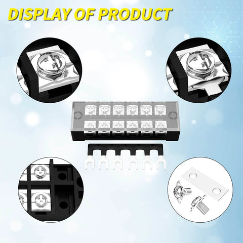 Heavy Duty Dual Row Six Position Screw Terminal Block Kit With Cover And Pre Insulated Jumpers 35A 600V Rating displayed