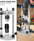 Pro Grade Drill Guide Attachment For Portable Vertical Drill Press Stand with aluminum alloy construction on workbench.