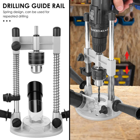 Pro Grade Drill Guide Attachment For Portable Vertical Drill Press Stand with aluminum alloy construction on workbench.