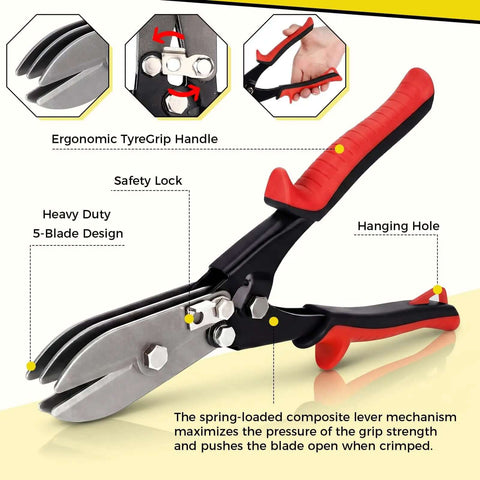 Close-up of 4 Pack 5 Blade Sheet Metal Crimping Tool Set with red ergonomic handle and safety lock for 22 to 28 gauge metal