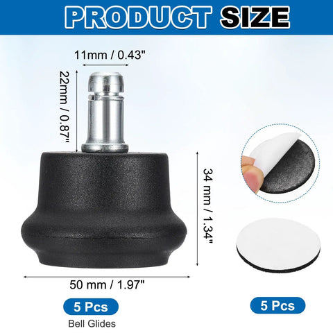 Heavy Duty Low Profile Bell Glides For Office Chairs Featuring Smooth Rolling Nylon Casters And Tight Metal Insert Base In Sleek Black measuring 50mm.