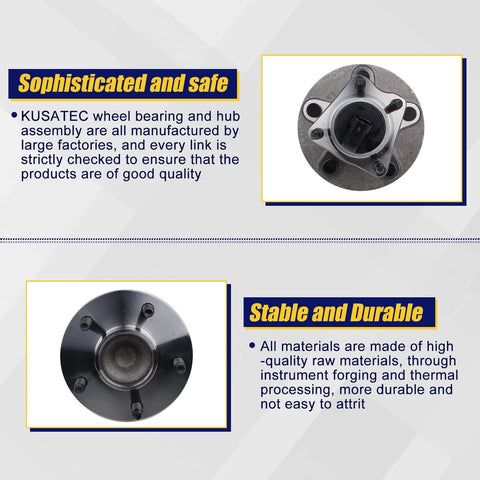 Two Piece Rear Wheel Bearing And Hub Assembly For Chevy Cobalt HHR Malibu Saturn Aura Pontiac G6 2004 To 2012 With 5 Lug Bolts And ABS Direct Replacement OEM Grade Durable Construction Fits Rear, showcasing close-up views of the assembly highlighting durable design.