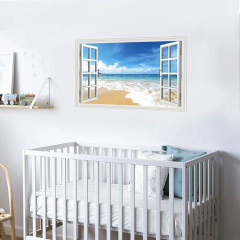 Nursery room with Beach Seascape 3D Fake Window Wall Sticker Removable Faux Window Decal Landscape for Living Room and Bedroom Easy Peel and Stick Repositionable Ocean View Wall Art Vibe above crib.