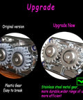 Comparison of original plastic gears and upgraded stainless steel metal gears on meat tenderizer attachment for stand mixers.