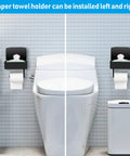 Toilet Paper Holder With Storage Shelf Wall Mount Black Stainless Steel shown installed on left and right of toilet