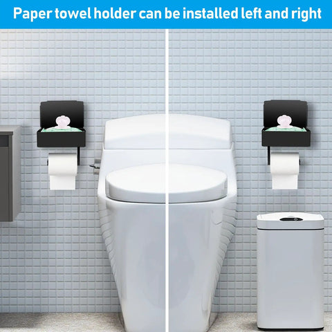 Toilet Paper Holder With Storage Shelf Wall Mount Black Stainless Steel shown installed on left and right of toilet