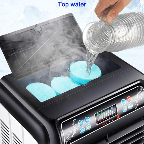 Straight Up Beast 4200 CFM Evaporative Cooler Keeping You Chill With Its 13.2 Gallon Tank, pouring water into the unit with ice packs