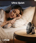 USB Desk Fan Portable Mini Personal Fan with 360 Degree Head on nightstand near sleeping woman, promoting whisper quiet feature.