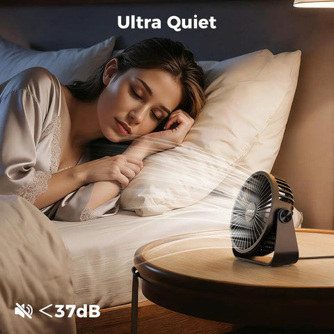 USB Desk Fan Portable Mini Personal Fan with 360 Degree Head on nightstand near sleeping woman, promoting whisper quiet feature.