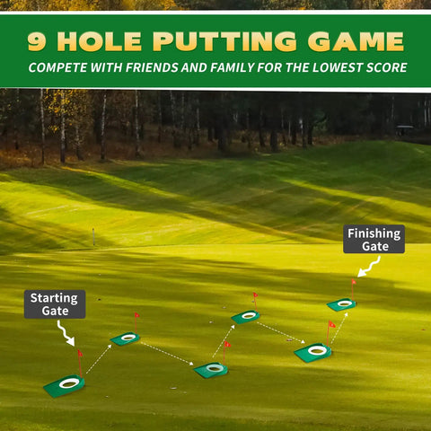 Green field with 1 To 3 Hole Golf Putting Practice Cups With Plastic Flags Set for indoor outdoor training setup.