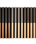 Game Changer Acoustic Wood Slat Wall Panels For Knockout Noise Dampening And Super Modern Room Refresh featuring six finish swatches.