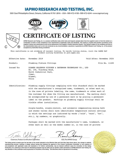 Certificate of listing for plumbing fixture fittings by IAPMO Research and Testing, Inc., dated November 2019 - November 2024.