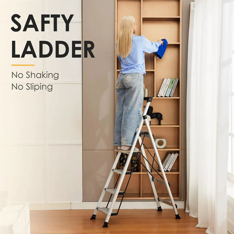 Person using Five Step Aluminum Ladder With Tool Tray, Anti Slip Folding Stool For Adults in home setting