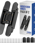 Hidden Door Hinges 6x2.5x1 Inch Zinc Alloy Concealed Hinge Set Black Heavy Duty 3 Way Adjustable Silent 180 Degree Swing for Doors Over 35mm Thick Invisible Butt Hinges Pack of 2 displayed with packaging and screws