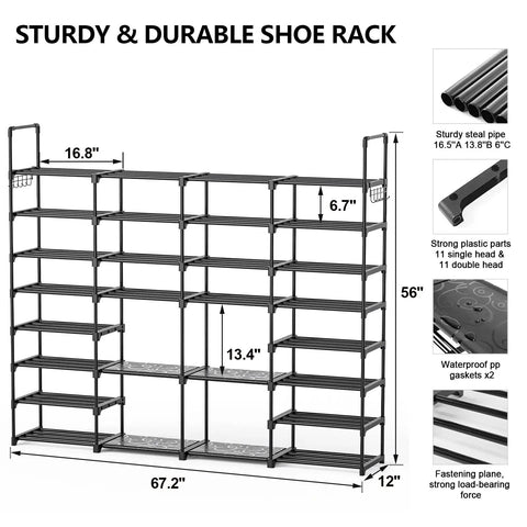 Extra Large Eight Tier Four Row Shoe Rack Holds 72 To 76 Pairs Beefy Heavy Duty Metal Boot Storage Organizer diagram.