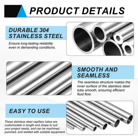 Front view of uxcell 304 stainless steel capillary tubes, 6mm ID x 8mm OD, 300mm long, 1mm wall.
