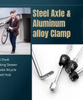 Anti Theft Bicycle Locking Skewer Set With 7 Lobe Security Key shown with steel axle and aluminum alloy clamp features
