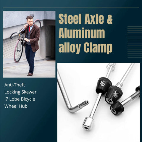 Anti Theft Bicycle Locking Skewer Set With 7 Lobe Security Key shown with steel axle and aluminum alloy clamp features
